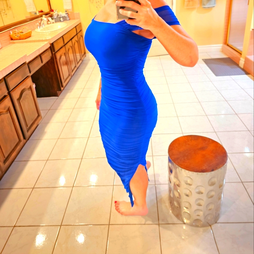 Womens Medium dark blue fitted dress with side slit